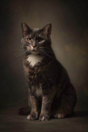 Tricolor cat sitting on a dark background in a photo studioの素材