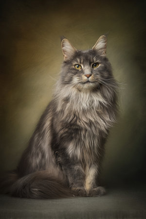 beautiful long-haired cat on a dark background, studio photoの素材