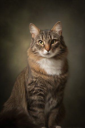 Portrait of a beautiful tabby cat on a dark background.の素材
