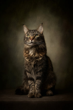 Portrait of a tabby Maine Coon cat sitting on dark backgroundの素材