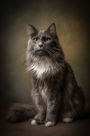 Portrait of a beautiful british long-haired cat on dark backgroundの素材