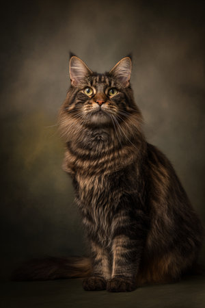 Maine coon cat on a dark background in a studio.の素材