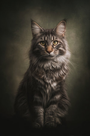 Portrait of a long-haired Maine Coon cat on dark backgroundの素材
