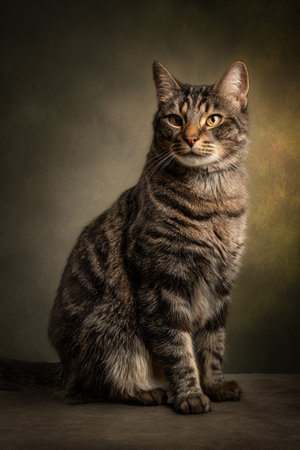 Beautiful tabby cat sitting on dark background. Studio shot.の素材