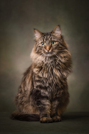 Maine Coon cat sitting on a dark green background. Studio shot.の素材