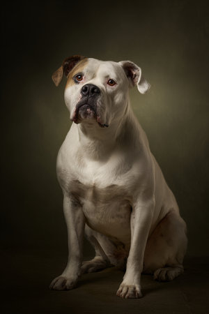 Studio shot of an adorable English Bulldog sitting on dark background.の素材