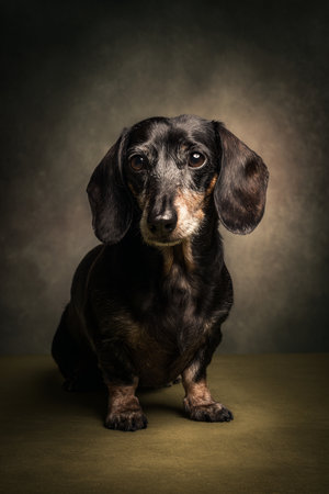 Studio portrait of an adorable little dachshund sitting on a green background.の素材