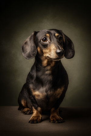 Studio portrait of an adorable dachshund sitting on a dark background.の素材
