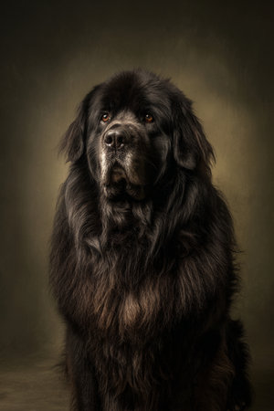 Studio portrait of a Newfoundland dog on a dark background. Toned.の素材