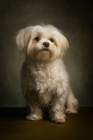 Studio portrait of a Maltese dog sitting on a dark background.の素材