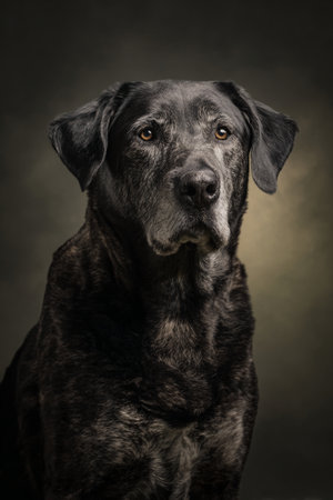 Studio portrait of a black Labrador Retriever dog on dark backgroundの素材