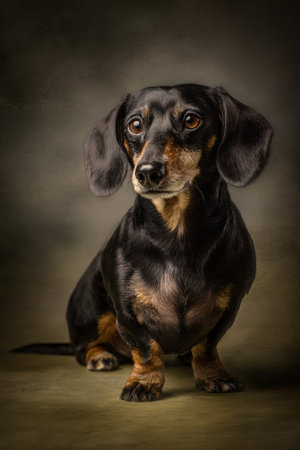 Studio portrait of an adorable dachshund dog sitting on a dark background.の素材
