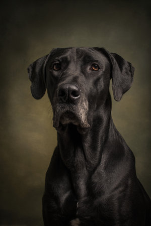 Studio portrait of a black great data against a dark background.の素材