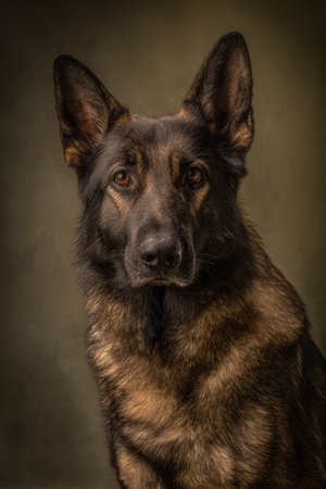 Studio portrait of a German shepherd dog on a dark brown background.の素材
