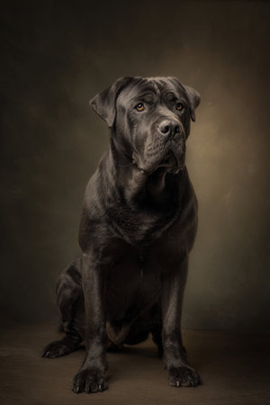 Cane Corso dog sitting on a dark background. Studio shot.の素材