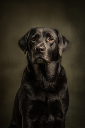 Studio portrait of a black Labrador retriever sitting on dark background.の素材