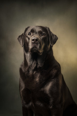 Studio portrait of a black Labrador retriever dog on dark background.の素材