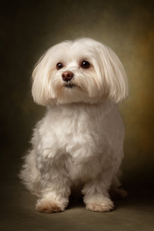Portrait of a Maltese dog on a dark background. Studio shot.の素材