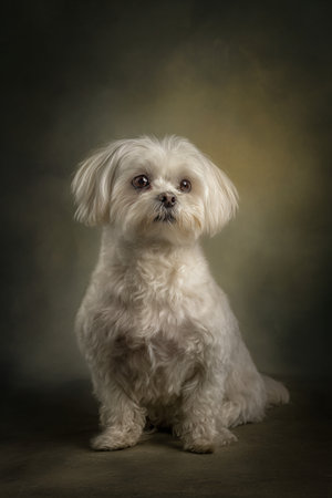 Cute Maltese dog sitting on a dark background, studio shotの素材