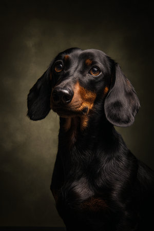 Studio portrait of a black and tan dachshund dog.の素材