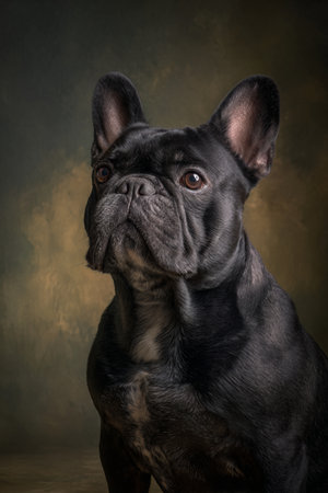 Portrait of black french bulldog on dark background. Studio shot.の素材