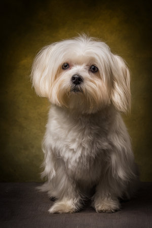 Studio portrait of a Maltese dog sitting on a brown background.の素材