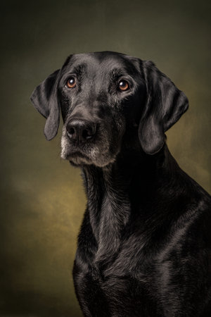 Studio portrait of a black Labrador retriever on a dark background.の素材