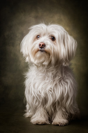 Cute Maltese dog sitting on a green background. Studio shot.の素材