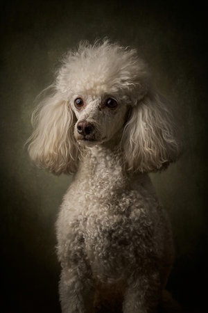 Portrait of a poodle on a dark background. Studio shot.の素材