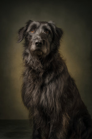Studio portrait of a mixed breed dog sitting on a dark background.の素材