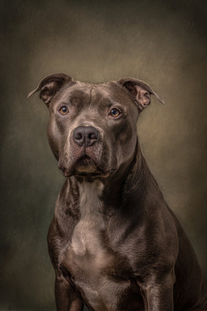 Portrait of a pitbull dog on a dark background. Studio shot.の素材