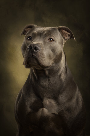 Pit bull dog portrait on a dark background. Studio shot.の素材