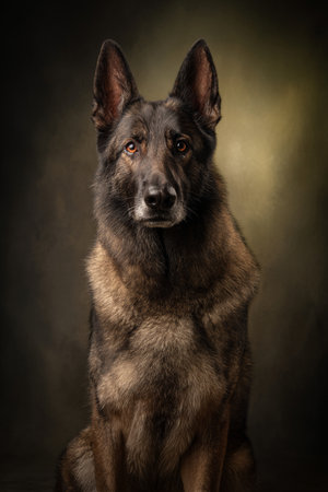 Studio portrait of a german shepherd dog on a dark background.の素材