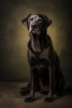 Black Labrador Retriever dog sitting on dark background. Studio shot.の素材