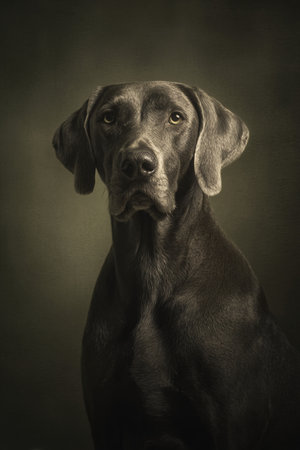Studio portrait of a black weimaraner dog on dark backgroundの素材
