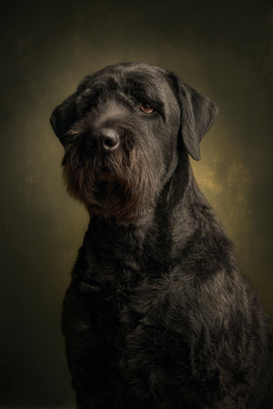 Studio portrait of a black Giant Schnauzer on dark background.の素材