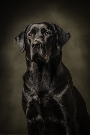 Studio portrait of a black Labrador retriever dog on dark background.の素材