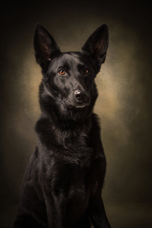 Studio portrait of a black German shepard dog on dark backgroundの素材