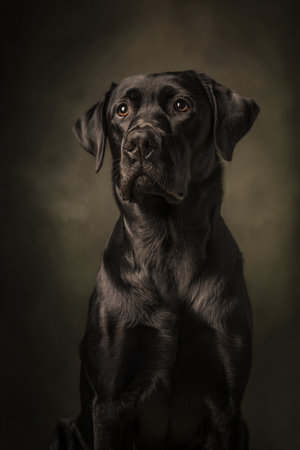 Studio portrait of a black Labrador Retriever dog on dark backgroundの素材