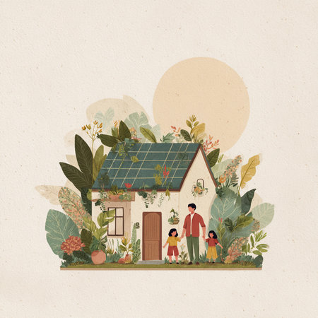 Hand drawn vector illustration of family in front of a house with a solar panelの素材