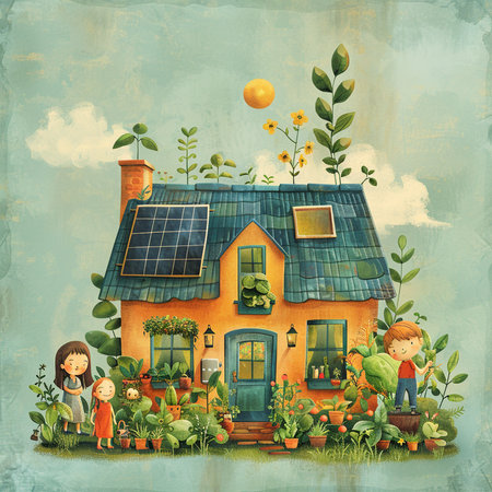 Happy family in front of the house with solar panels. Vintage styles.の素材