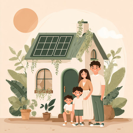 Happy family in front of their house. Vector illustration in cartoon style.の素材