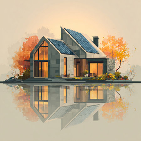 illustration of modern cozy house in chalet style with water reflectionの素材