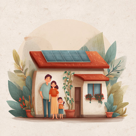Eco friendly house with solar panels and happy family. Vector illustration.の素材