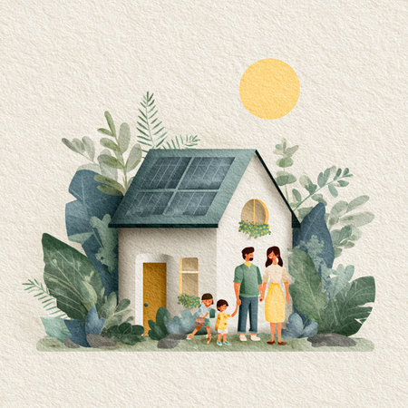 Watercolor illustration of a family in front of a house with solar panelsの素材