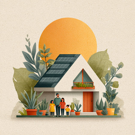 Vector illustration of family in front of modern house with solar panels and plantsの素材