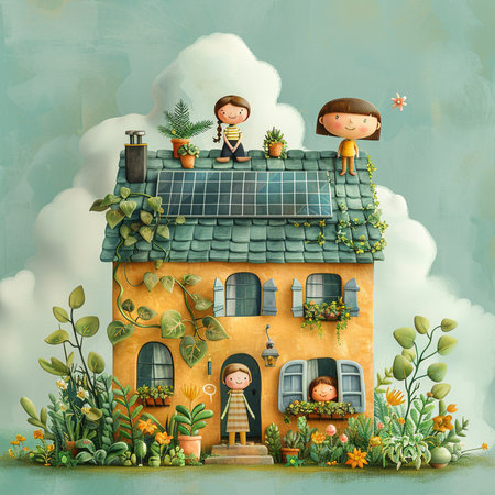 Happy family on the roof of the house. Watercolor illustration.の素材