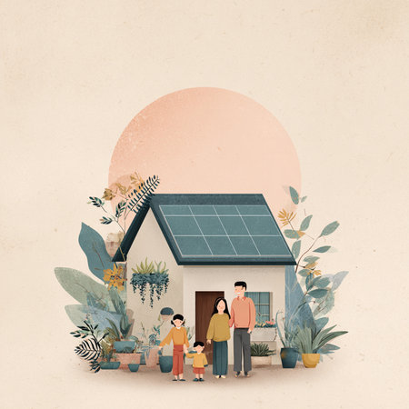 Family in front of a house with a solar panel. Ecology concept.の素材