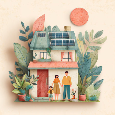 House with solar panels and family. Eco-friendly concept. Vector illustration.の素材