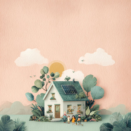 Eco-friendly house concept. Paper art style. Vintage tone.の素材